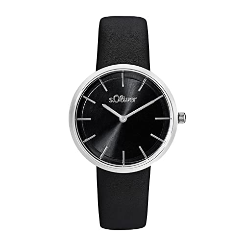 s.Oliver Armbanduhr Damen Quarzuhr Analog, mit Leder Armband, Schwarz, 5 bar Wasserdicht, Kommt in Uhren Geschenk Box, 2033557 von s.Oliver