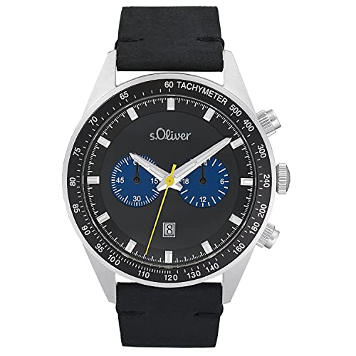 s.Oliver Armbanduhr Herren Chronograph Analog, mit Leder Armband, Schwarz, 5 bar Wasserdicht, Kommt in Uhren Geschenk Box, von s.Oliver