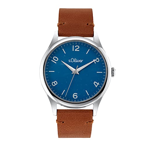 s.Oliver Armbanduhr Herren Quarzuhr Analog, mit Leder Armband, Blau, 5 bar Wasserdicht, Kommt in Uhren Geschenk Box, 2033547 von s.Oliver