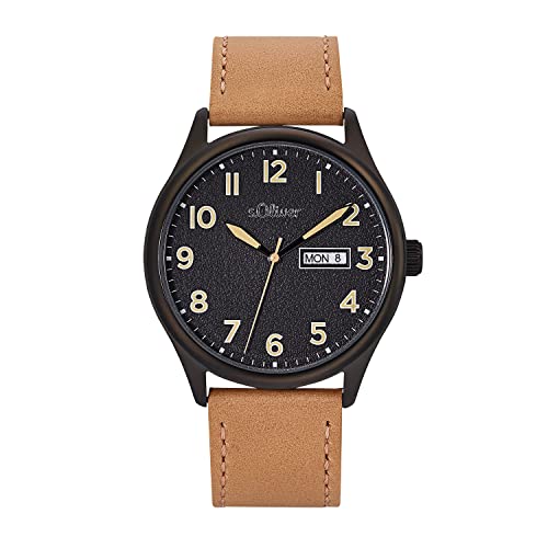 s.Oliver Armbanduhr Herren Quarzuhr Analog, mit Leder Armband, Schwarz, 5 bar Wasserdicht, Kommt in Uhren Geschenk Box, von s.Oliver