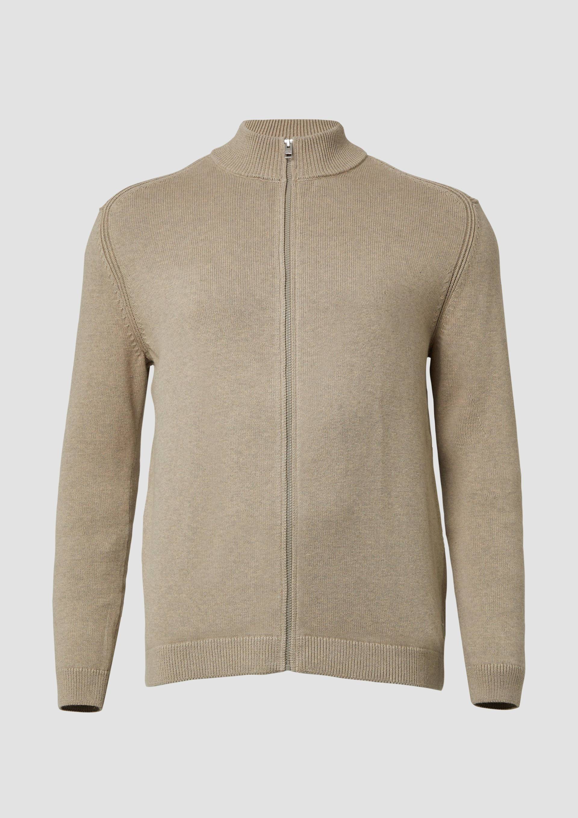 s.Oliver - Baumwoll-Strickjacke mit Stehkragen und Logo-Patch, Herren, Beige von s.Oliver
