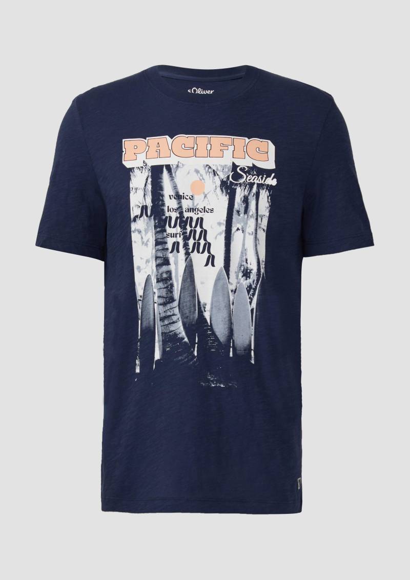 s.Oliver - Baumwoll-T-Shirt mit Frontprint und Flammgarnstruktur, Herren, blau von s.Oliver