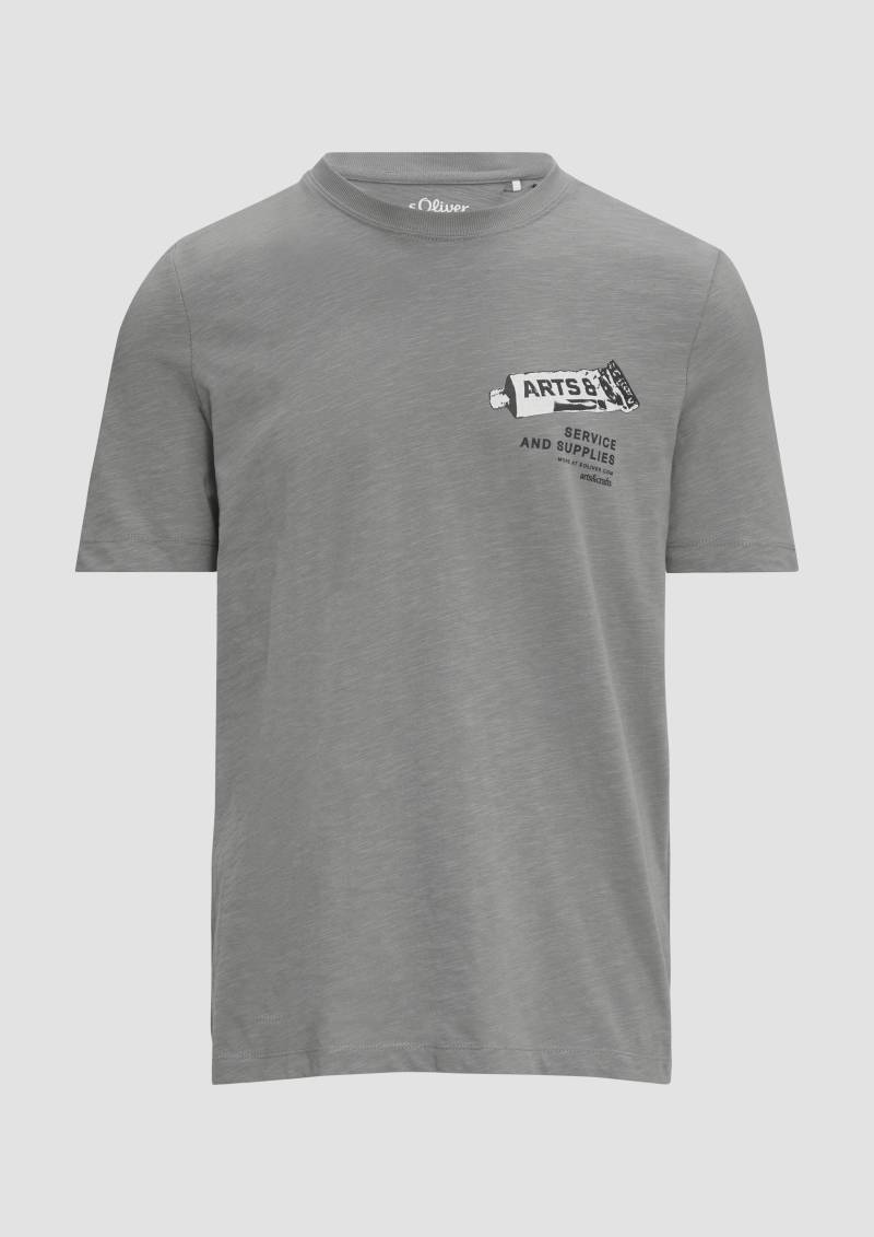 s.Oliver - Baumwoll-T-Shirt mit Frontprint und Flammgarnstruktur, Herren, grau von s.Oliver