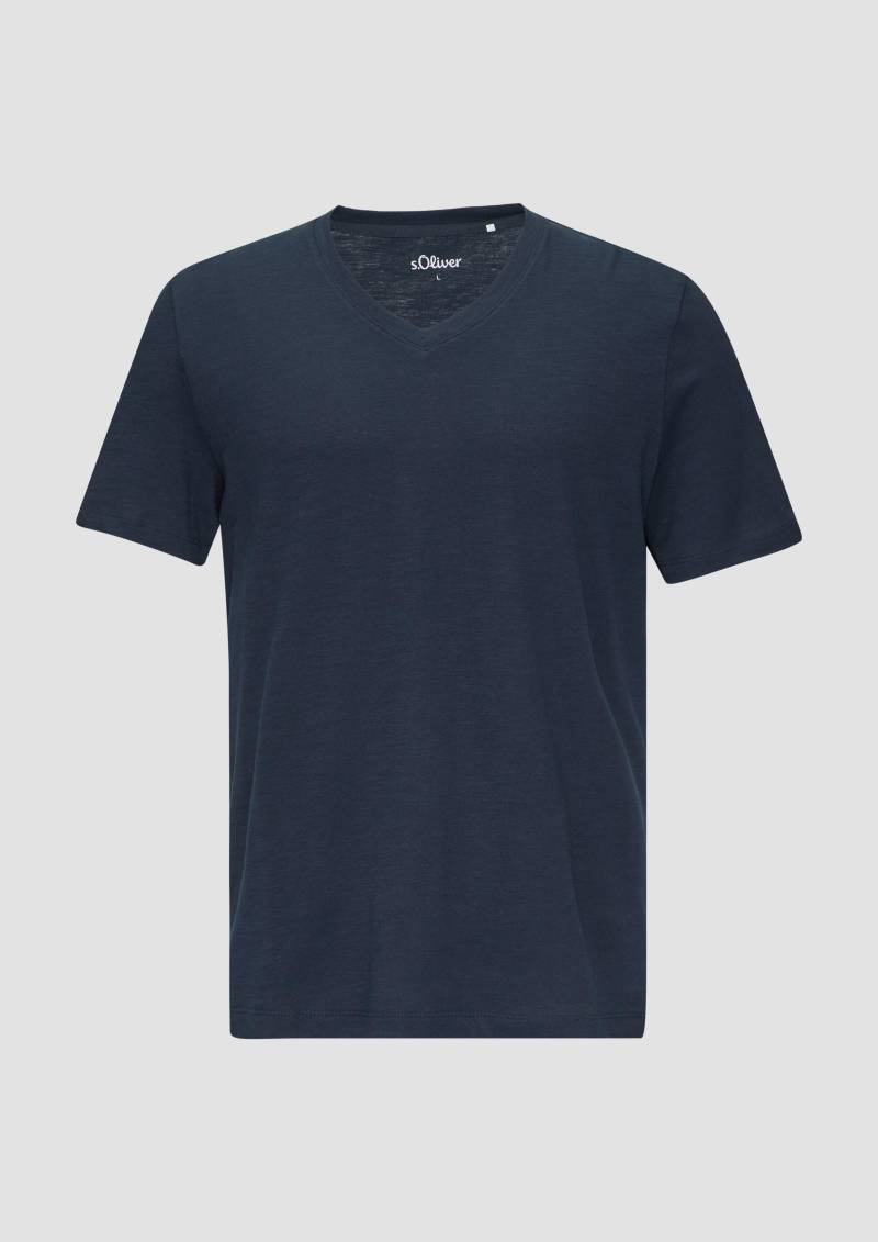 s.Oliver - Baumwollshirt mit V-Ausschnitt und Flammgarnstruktur, Herren, blau von s.Oliver