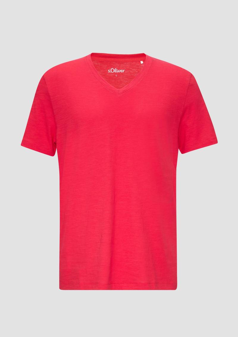 s.Oliver - Baumwollshirt mit V-Ausschnitt und Flammgarnstruktur, Herren, rot von s.Oliver