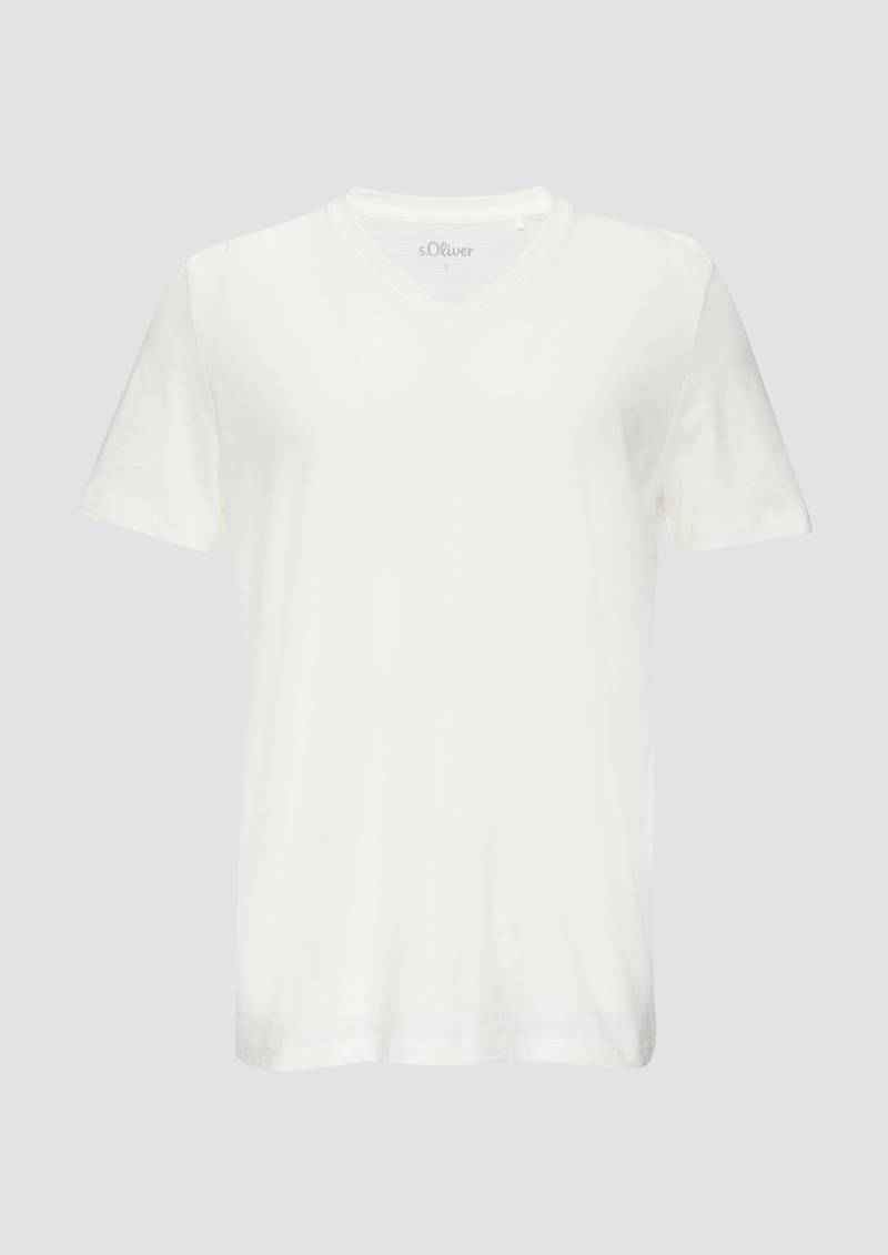 s.Oliver - Baumwollshirt mit V-Ausschnitt und Flammgarnstruktur, Herren, weiß von s.Oliver
