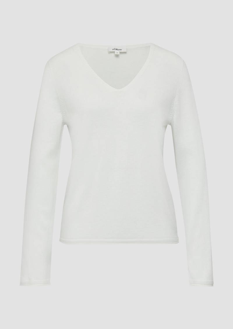 s.Oliver - Feinstrickpullover mit V-Ausschnitt und Rollkante am Saum, Damen, creme von s.Oliver