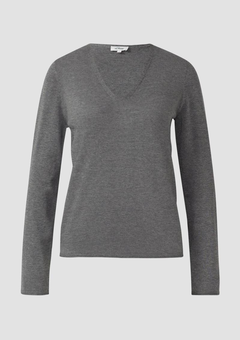 s.Oliver - Feinstrickpullover mit V-Ausschnitt und Rollkante am Saum, Damen, grau von s.Oliver