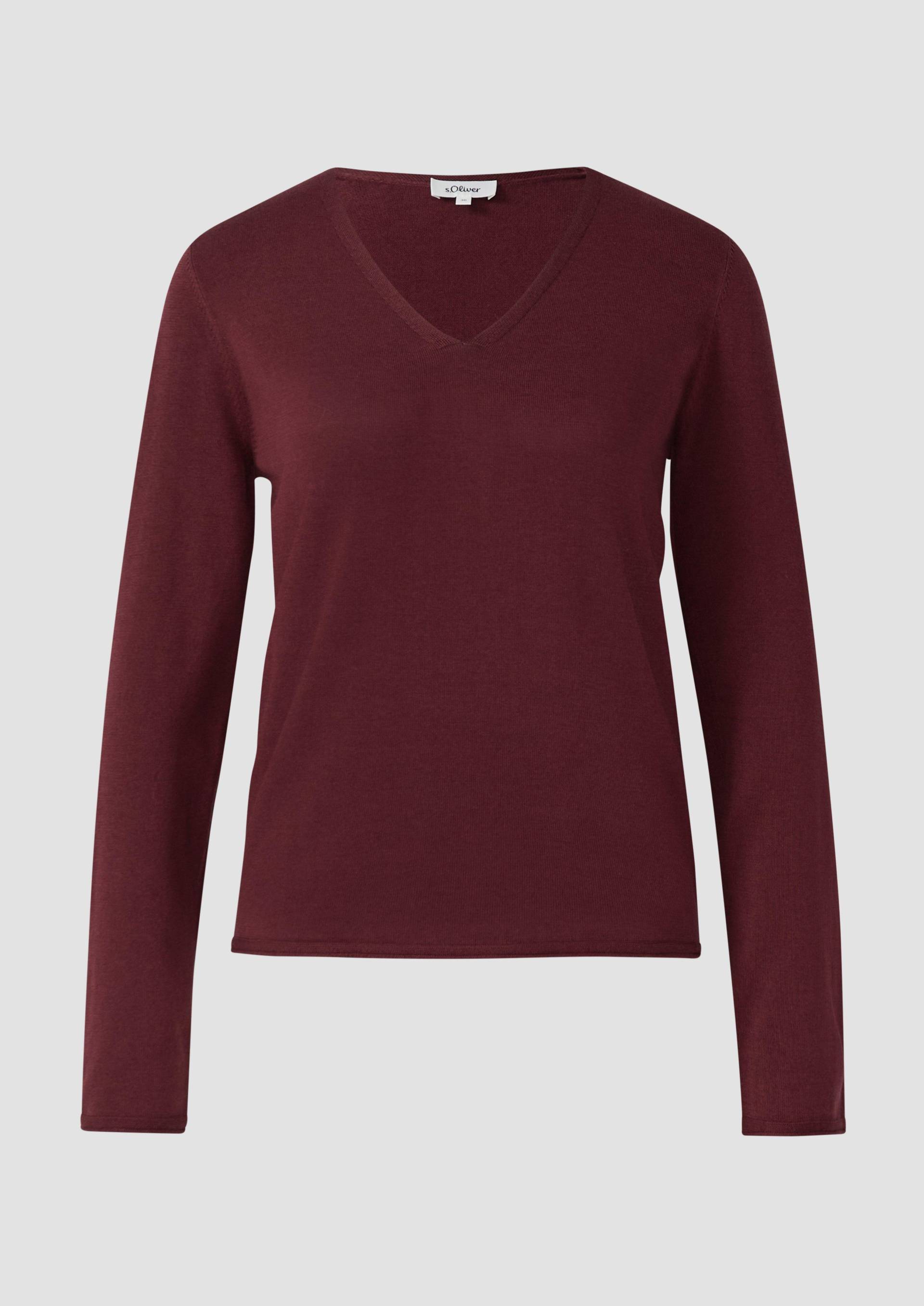 s.Oliver - Feinstrickpullover mit V-Ausschnitt und Rollkante am Saum, Damen, rot von s.Oliver