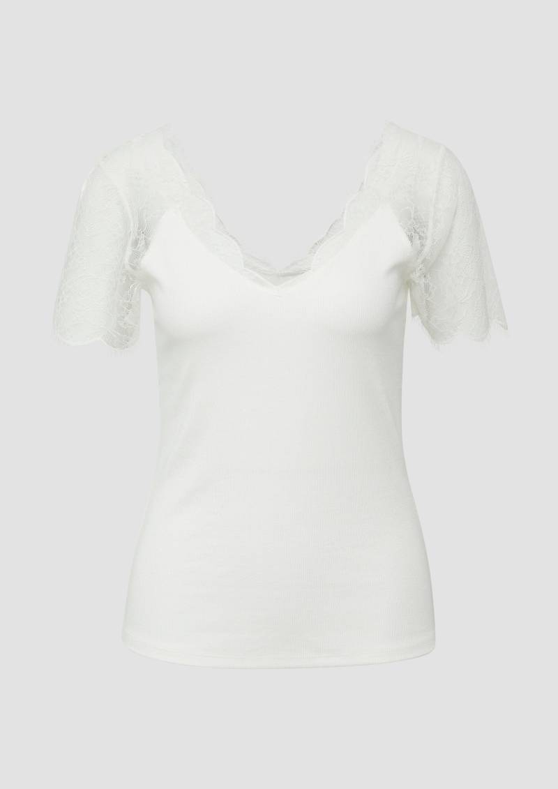 s.Oliver - Feminines Ripp-Shirt im Slim Fit mit Spitze, Damen, creme von s.Oliver
