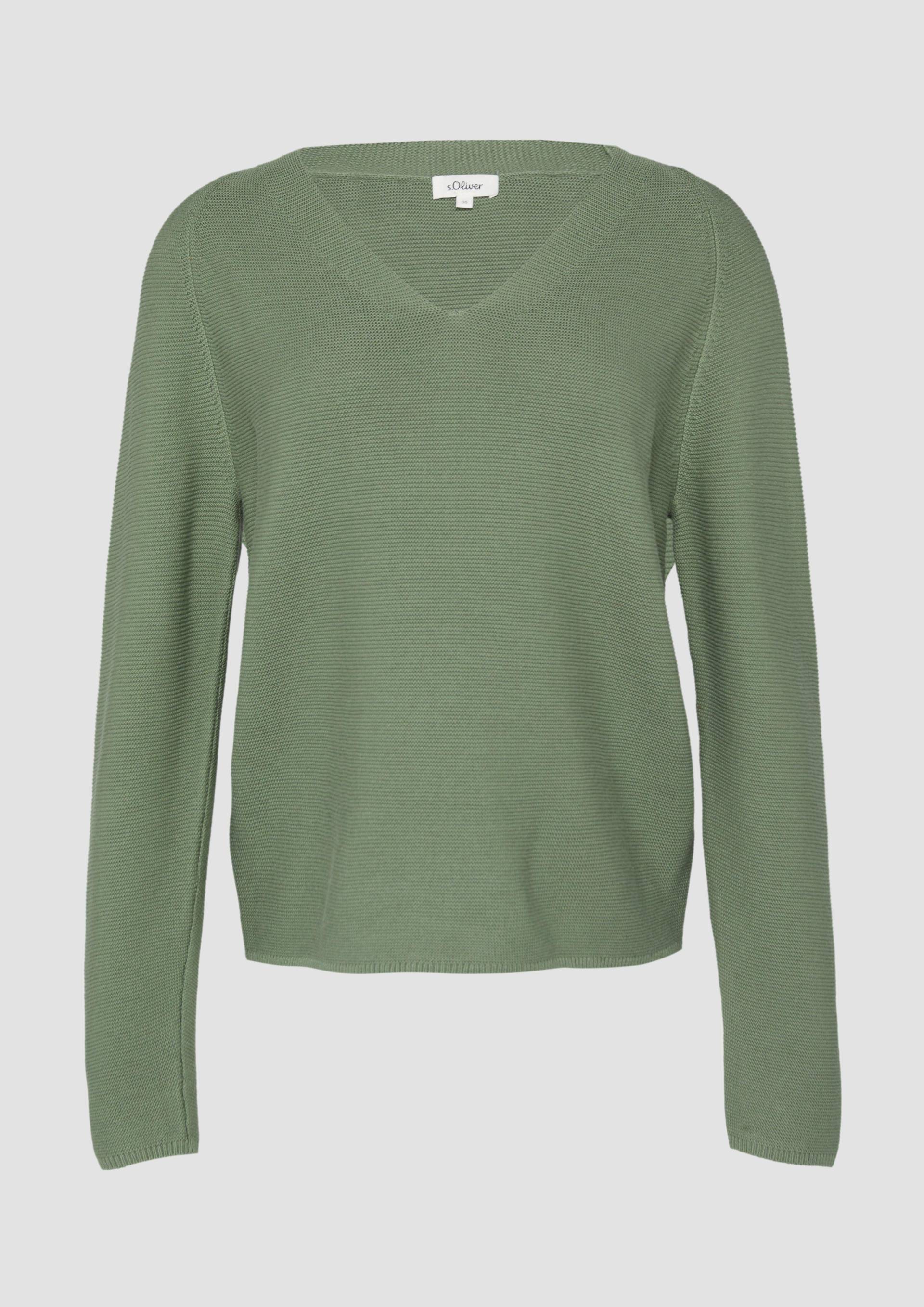 s.Oliver - Gerippter Strickpullover aus Baumwollmix mit V-Ausschnitt, Damen, grün|olive von s.Oliver