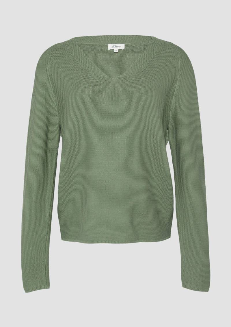 s.Oliver - Gerippter Strickpullover aus Baumwollmix mit V-Ausschnitt, Damen, grün|olive von s.Oliver