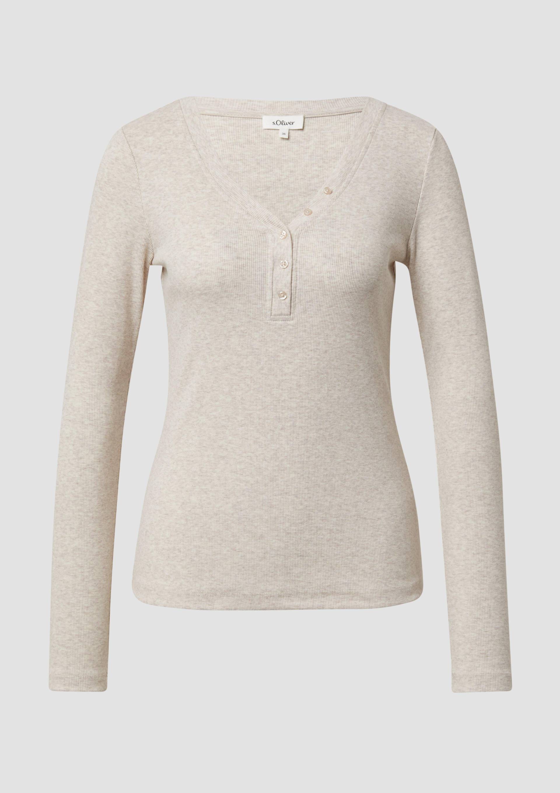 s.Oliver - Geripptes Jerseyshirt mit Henleyausschnitt, Damen, Beige von s.Oliver