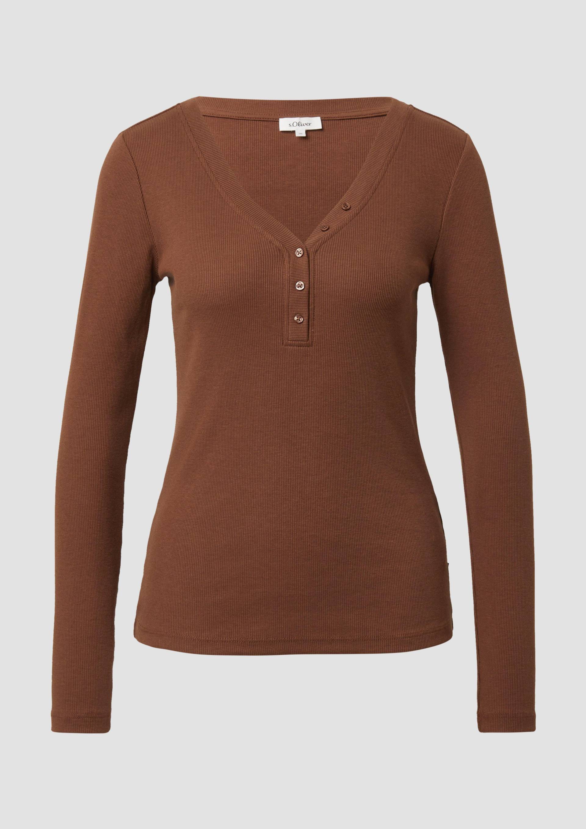 s.Oliver - Geripptes Jerseyshirt mit Henleyausschnitt, Damen, braun von s.Oliver