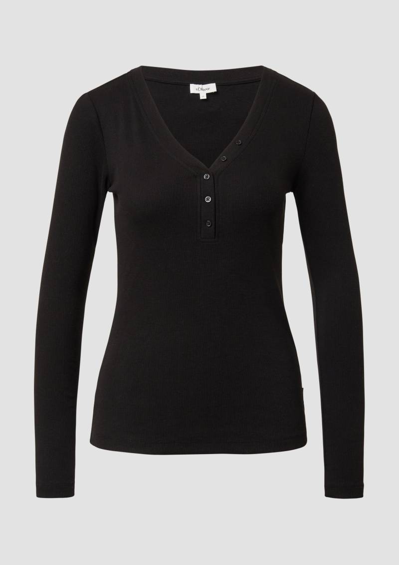 s.Oliver - Geripptes Jerseyshirt mit Henleyausschnitt, Damen, schwarz von s.Oliver