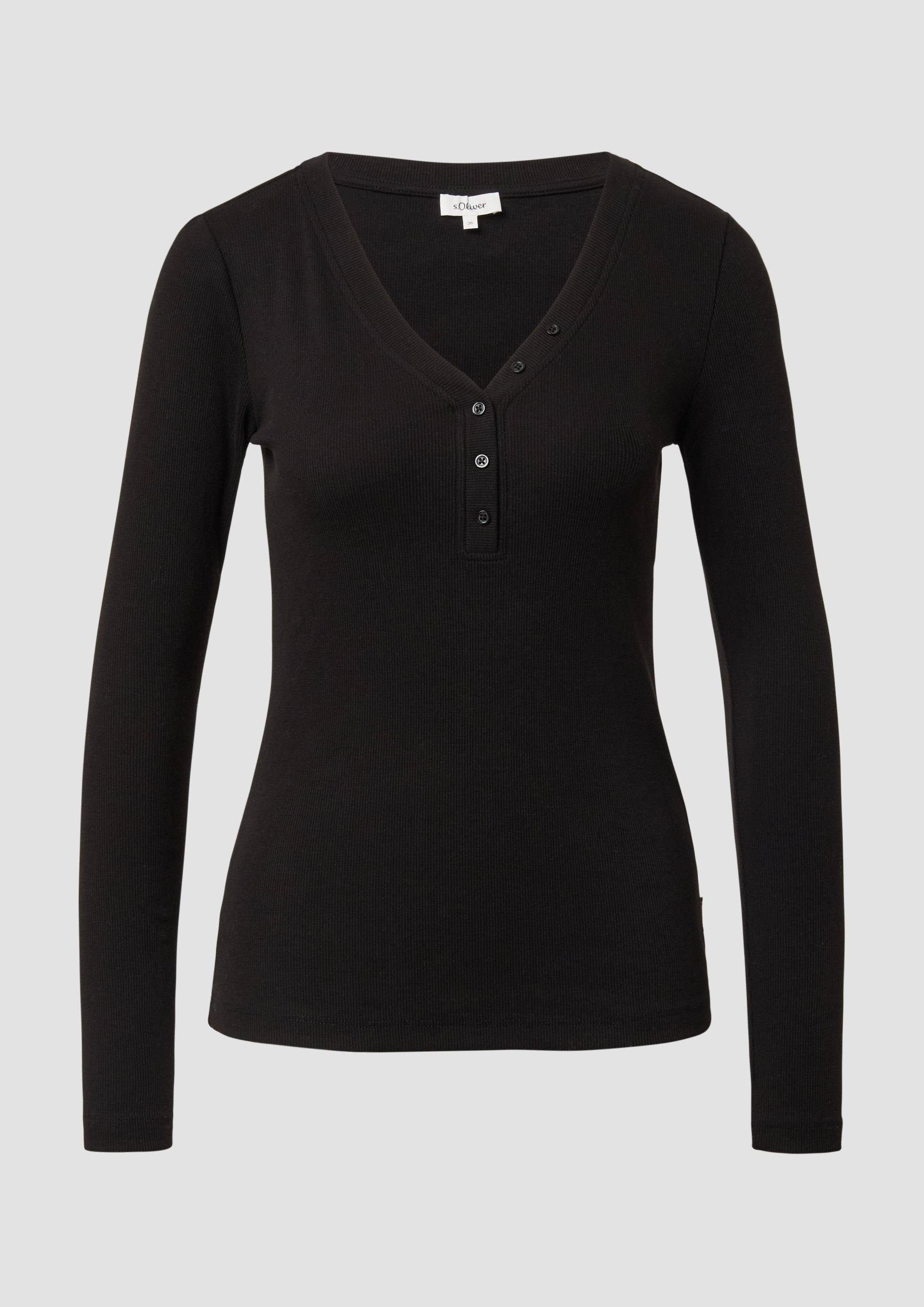 s.Oliver - Geripptes Jerseyshirt mit Henleyausschnitt, Damen, schwarz von s.Oliver