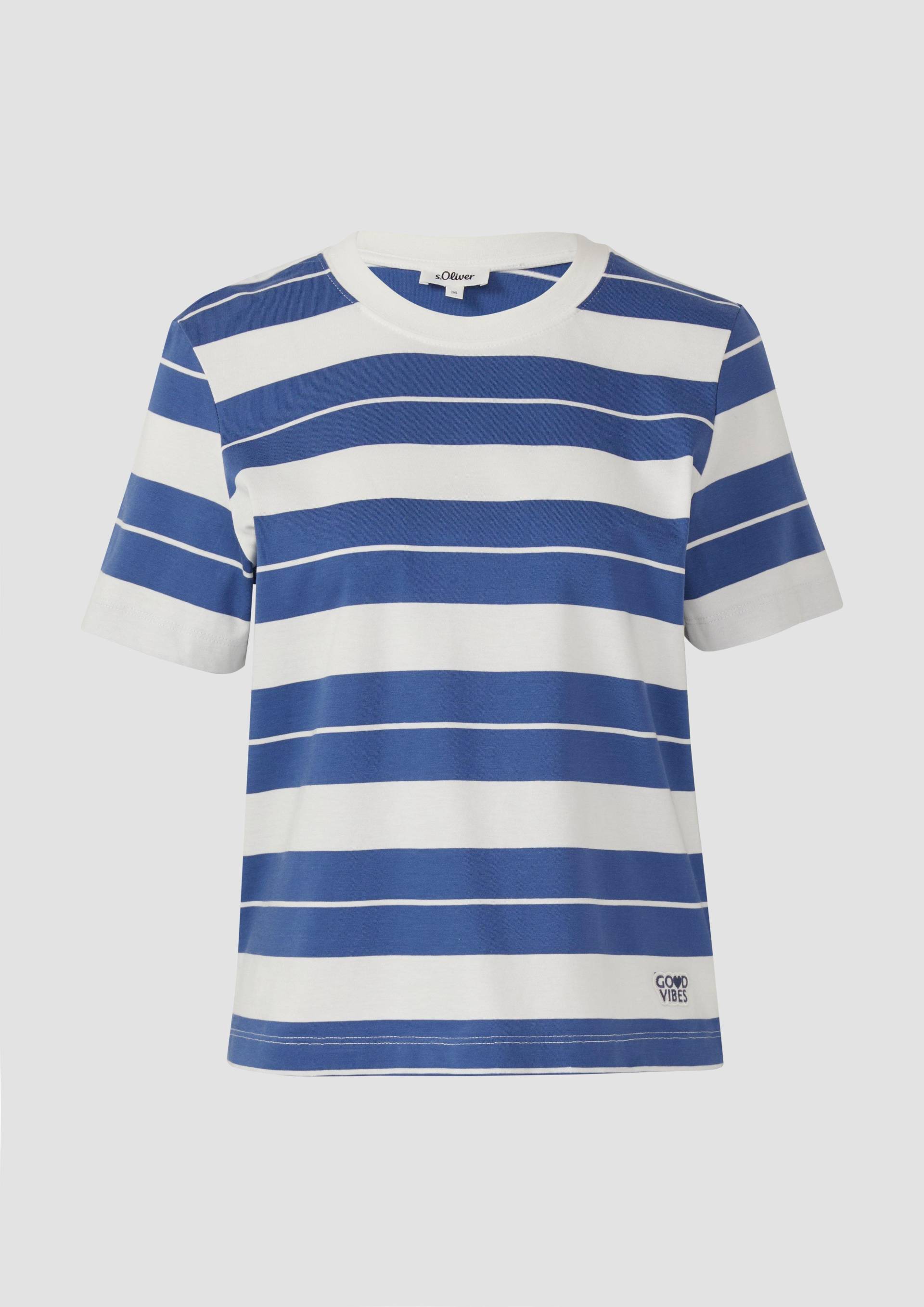 s.Oliver - Verkürztes Baumwoll-Streifen-T-Shirt mit Patch, Damen, blau|weiß s.Oliver - Verkürztes Baumwoll-Streifen-T-Shirt mit Patch, Damen, blau|weiß von s.Oliver