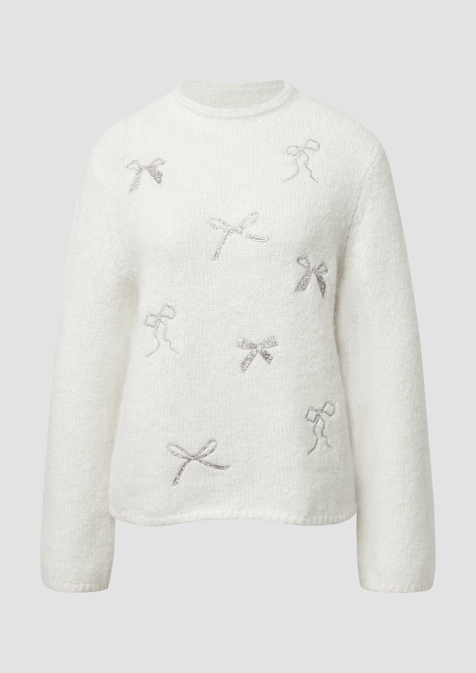 s.Oliver - Strickpullover mit Stehkragen und Schleifen-Stickerei, Damen, creme von s.Oliver