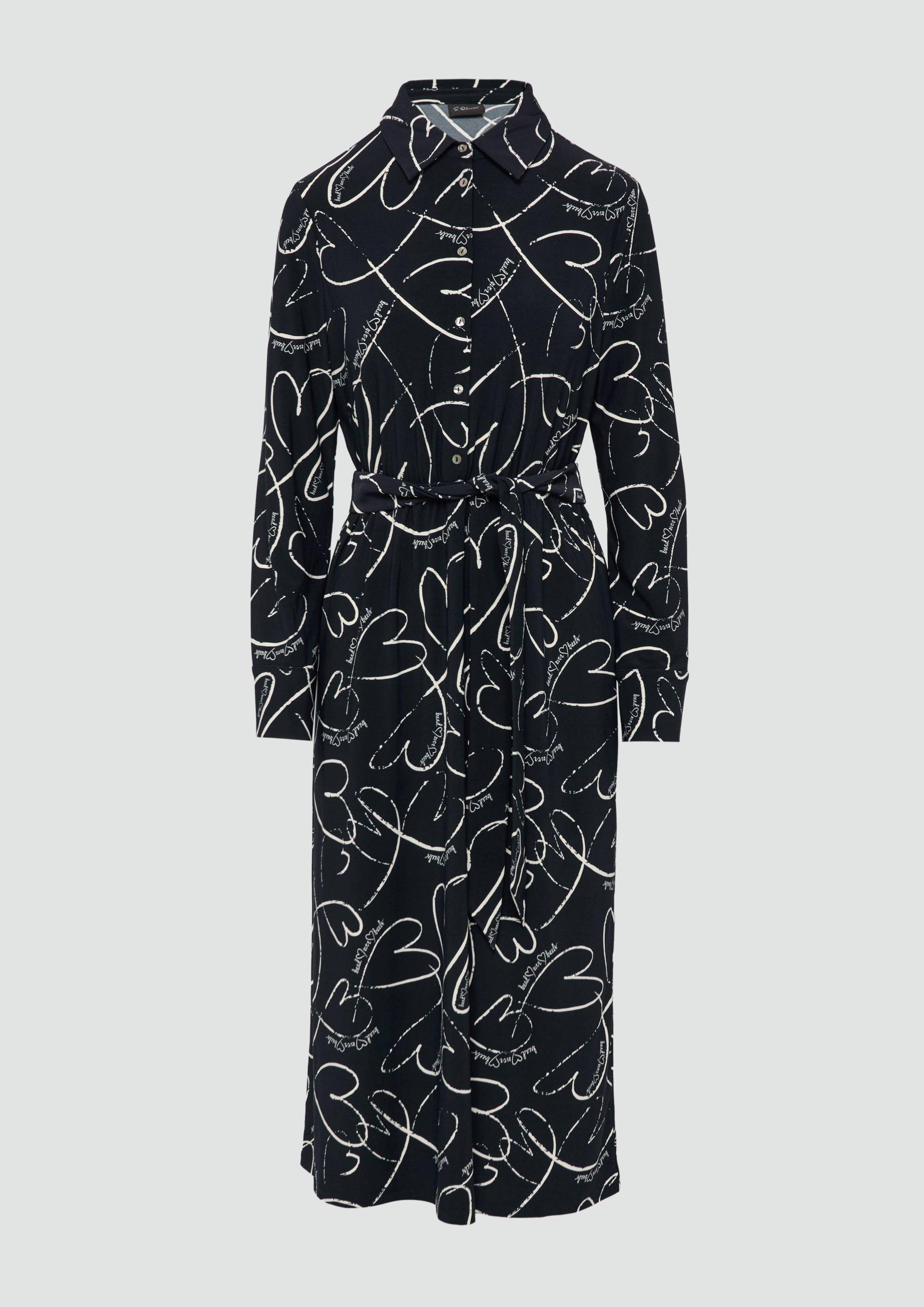 s.Oliver - Hemdblusenkleid aus Jersey mit Bindegürtel und Herz-Print, Damen, blau von s.Oliver