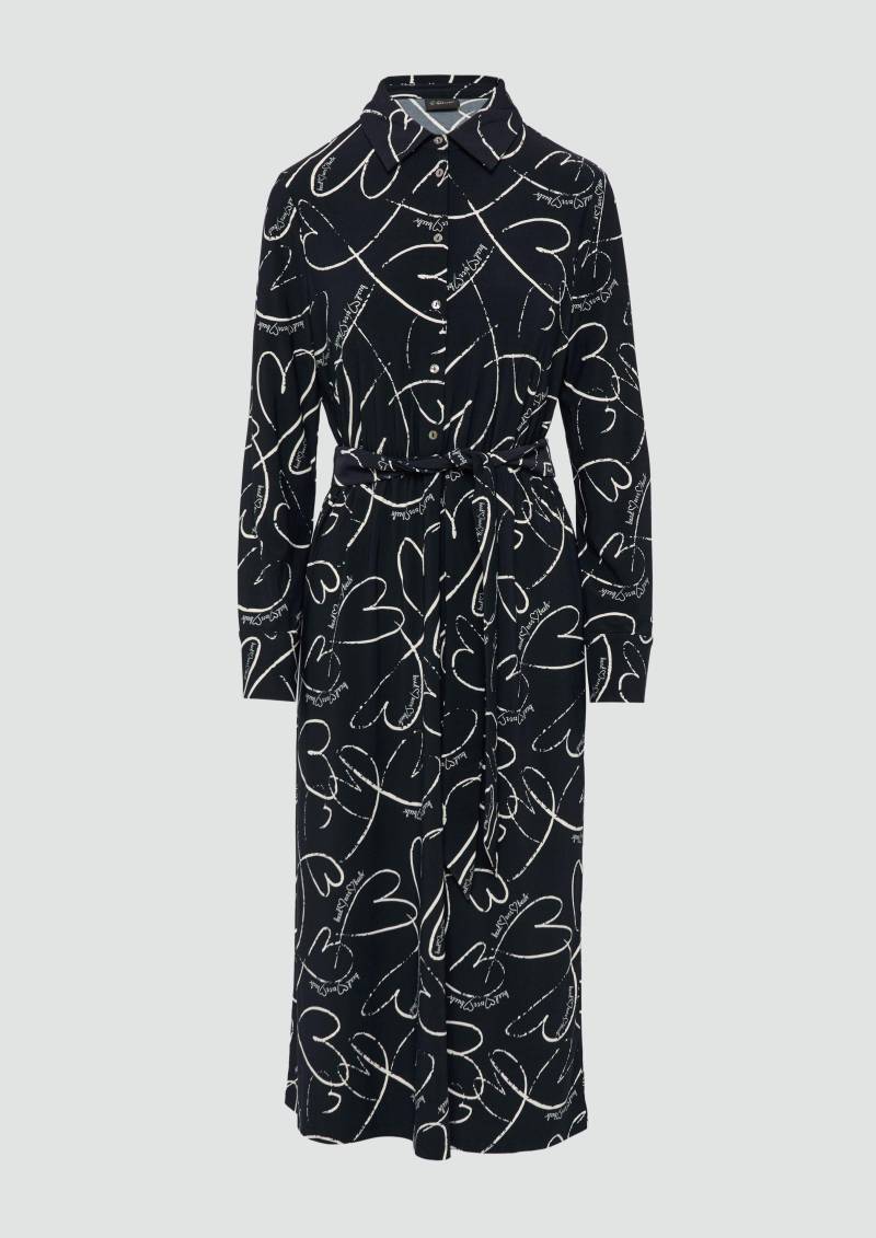 s.Oliver - Hemdblusenkleid aus Jersey mit Bindegürtel und Herz-Print, Damen, blau von s.Oliver