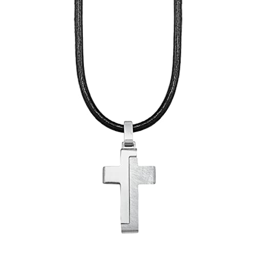 s.Oliver Kette mit Anhänger Edelstahl Leder Jungen Kinder Halsschmuck, 40+3 cm, Schwarz, Kreuz, Kommt in Schmuck Geschenk Box, 2024225 von s.Oliver