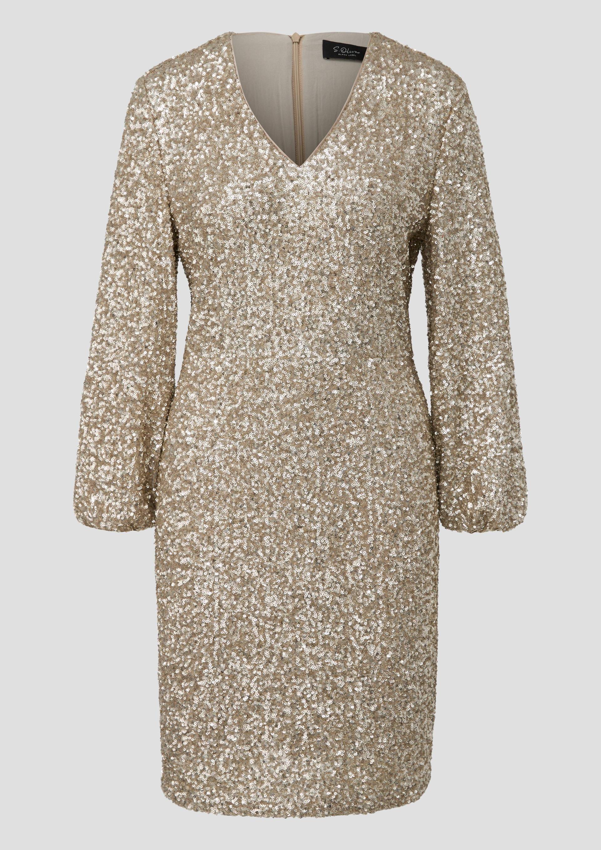 s.Oliver - Kurzes Pailletten-Kleid mit Gummizug am Ärmel, Damen, Beige von s.Oliver