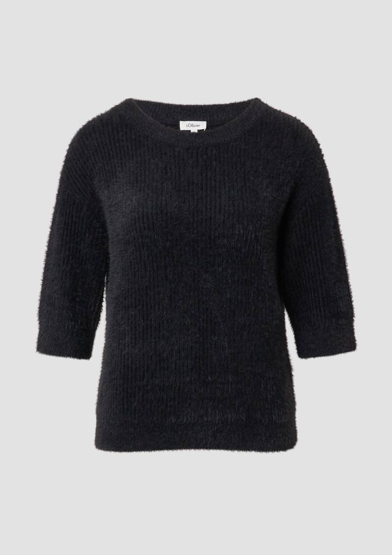 s.Oliver - Flauschiger Strickpullover mit halbem Arm, Damen, schwarz von s.Oliver