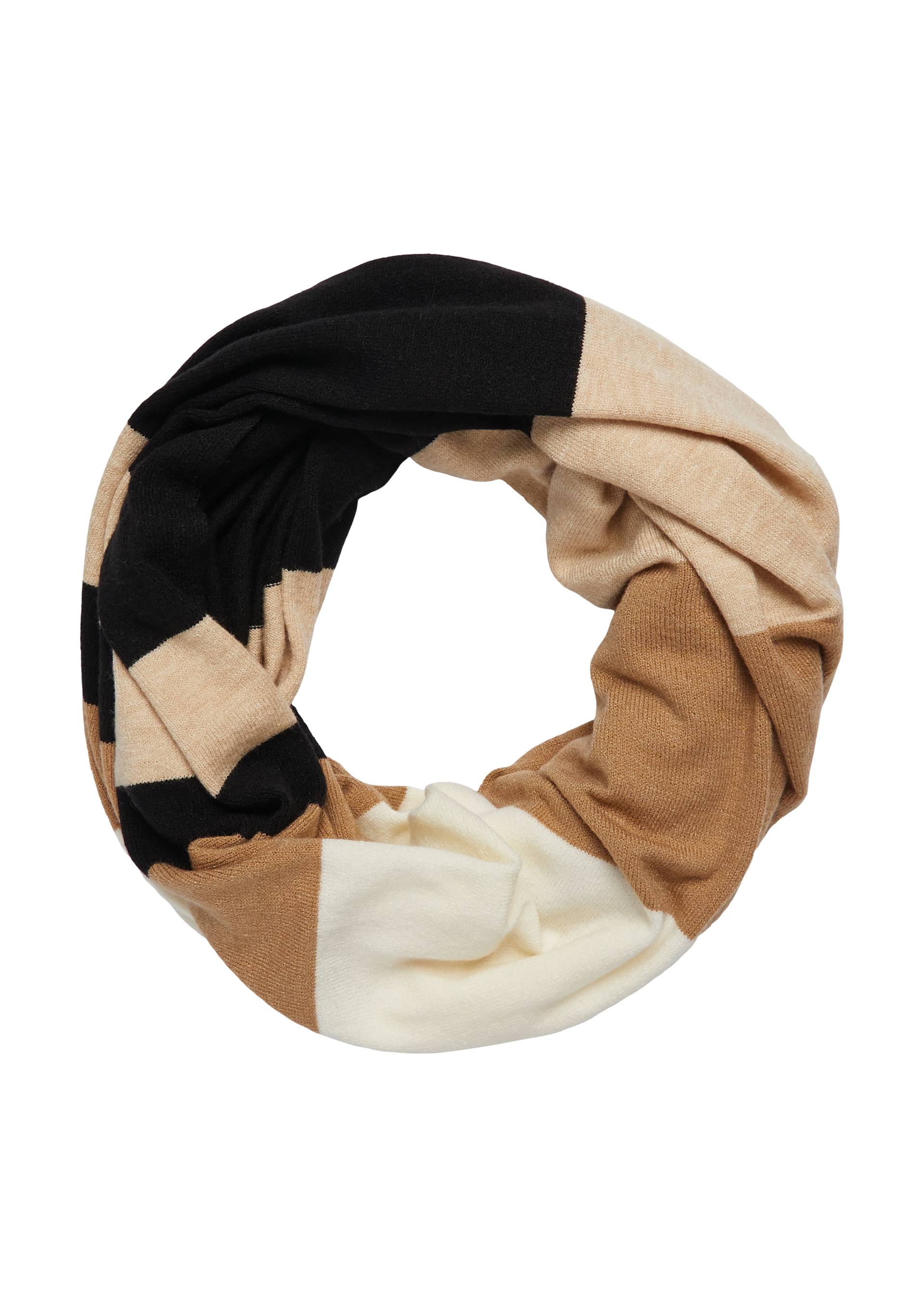 s.Oliver - Lässiger Feinstrick-Loopschal mit Streifen und Logo-Ring, Damen, beige|mehrfarbig von s.Oliver