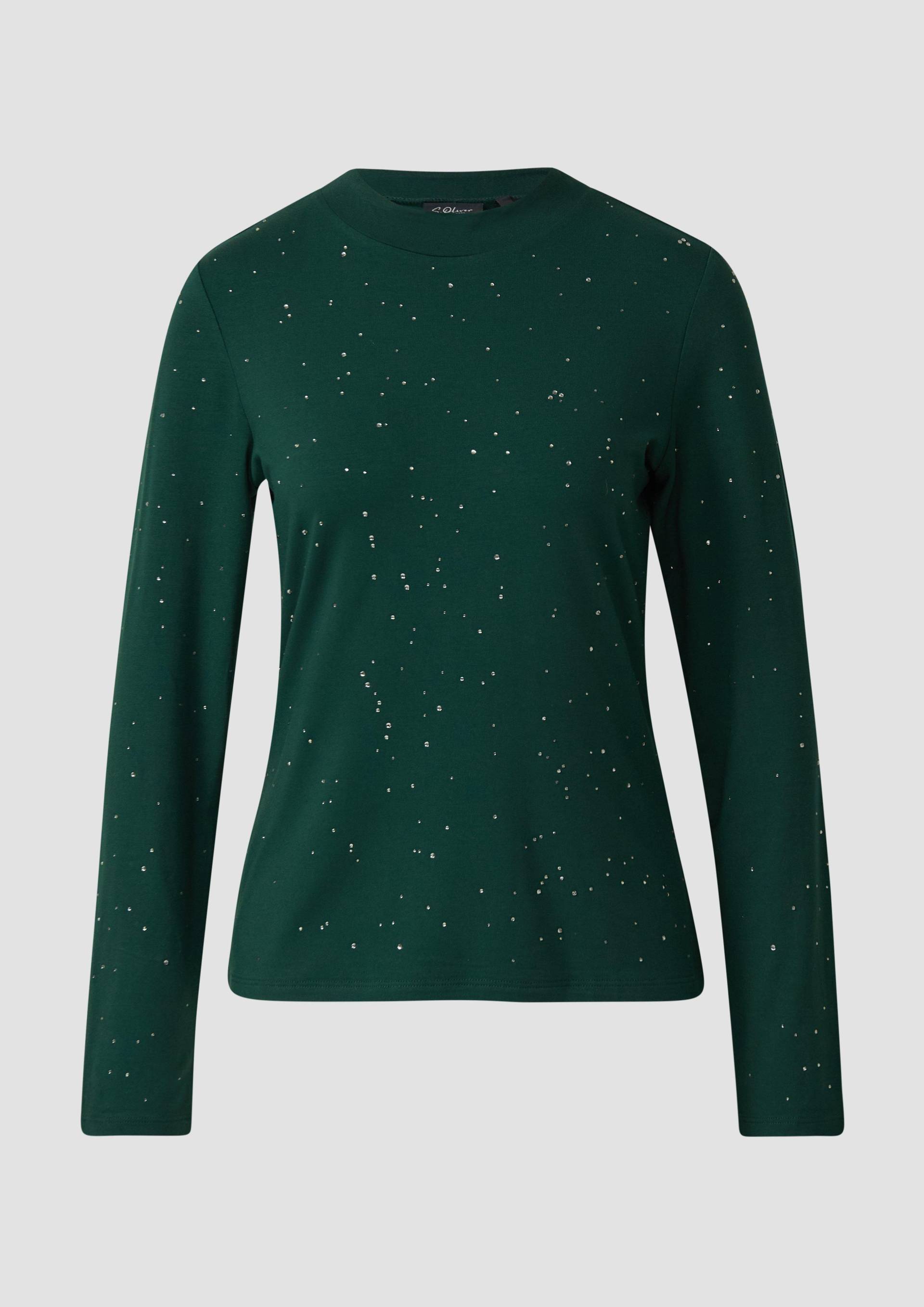 s.Oliver - Langarm-T-Shirt aus Jerseystoff mit Schmucksteinen und Stehkragen, Damen, grün von s.Oliver