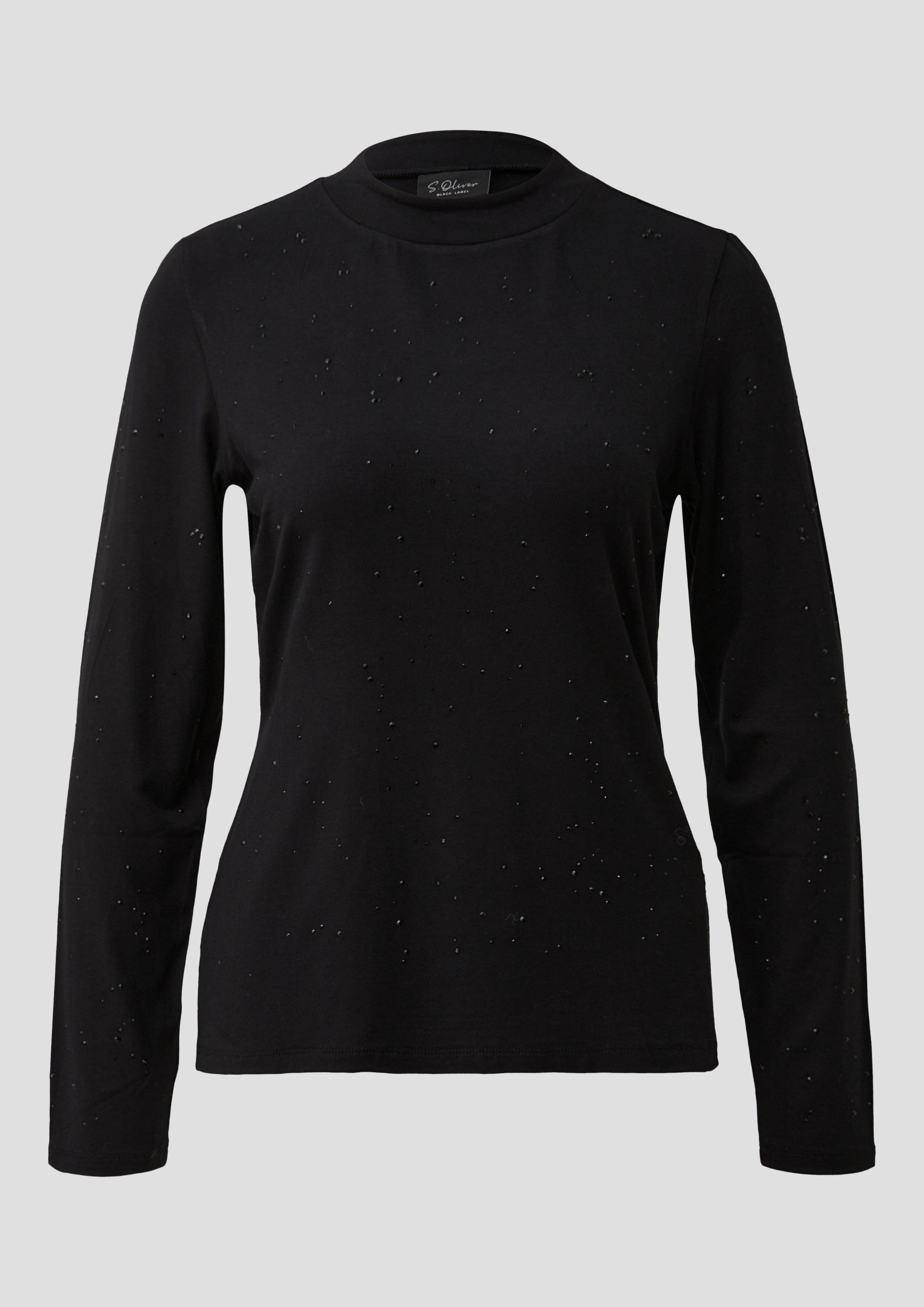 s.Oliver - Langarm-T-Shirt aus Jerseystoff mit Schmucksteinen und Stehkragen, Damen, schwarz von s.Oliver