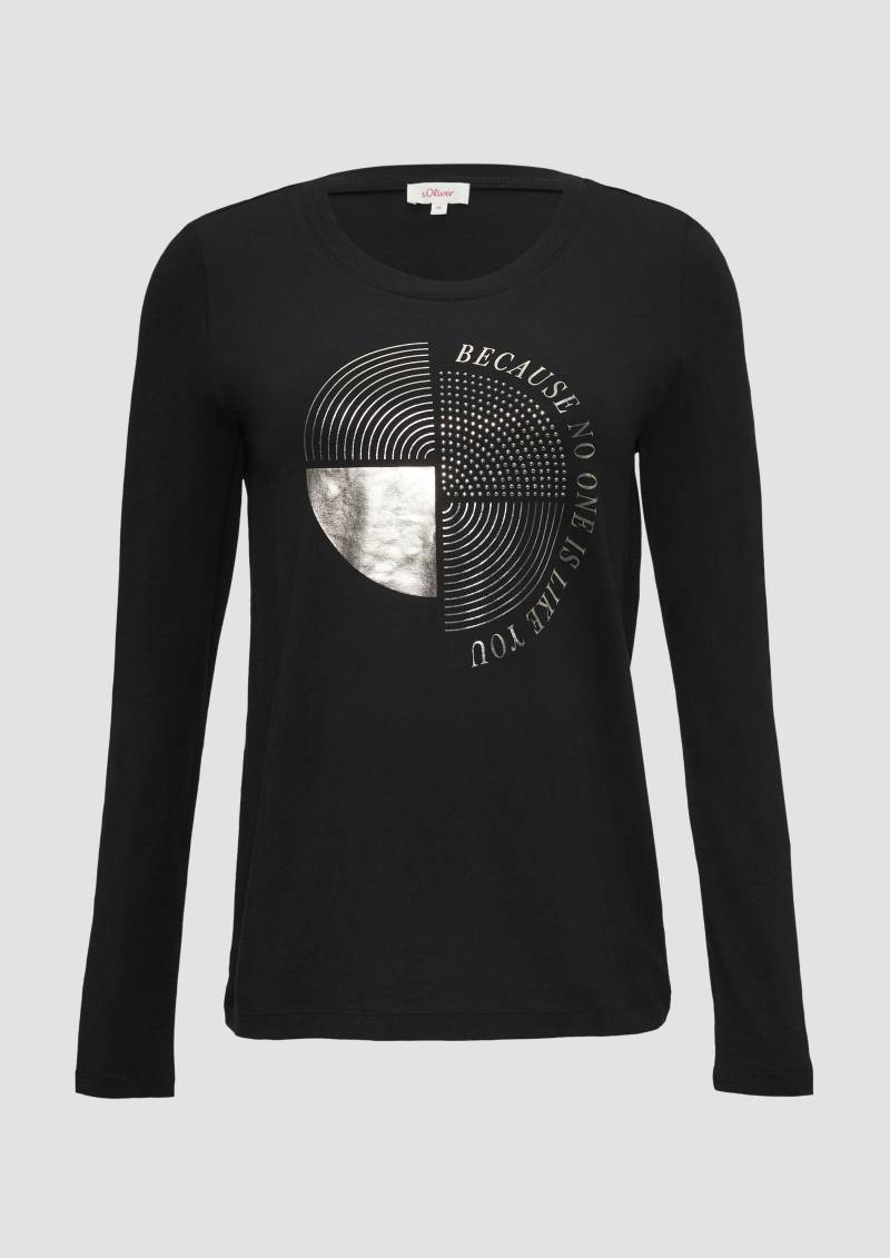 s.Oliver - Longsleeve mit Metallic-Print und Schmucksteinen, Damen, schwarz von s.Oliver