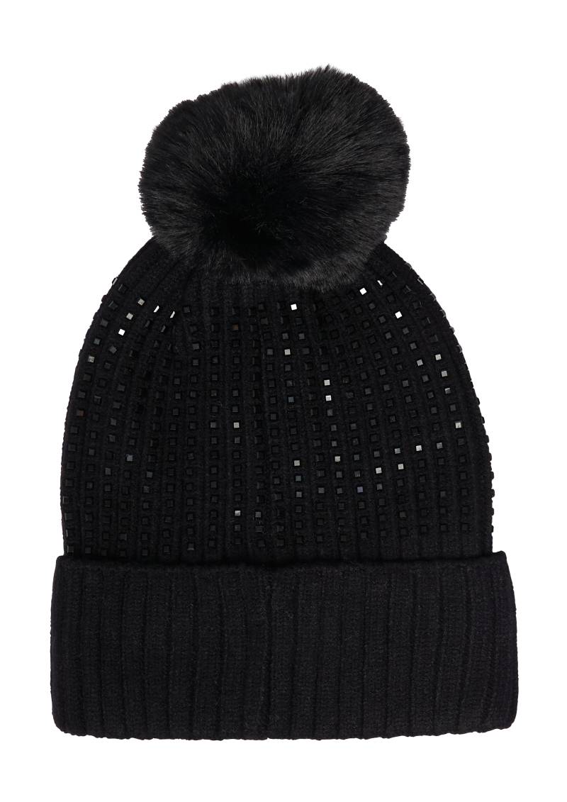 s.Oliver - Strickmütze mit Schmucksteinen und Bommel, Damen, schwarz von s.Oliver
