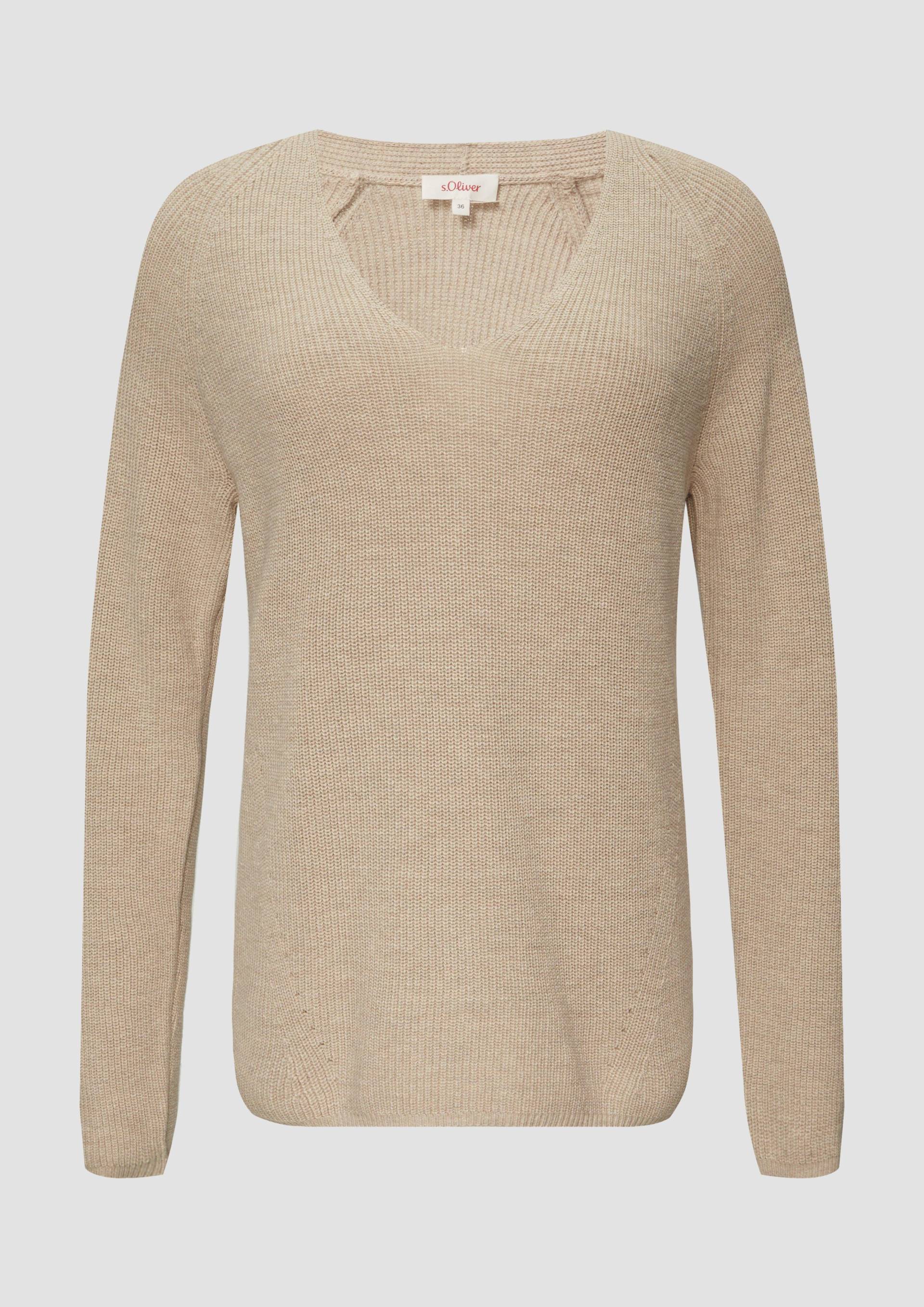 s.Oliver - Strickpullover mit V-Ausschnitt aus Baumwollmix, Damen, Beige von s.Oliver