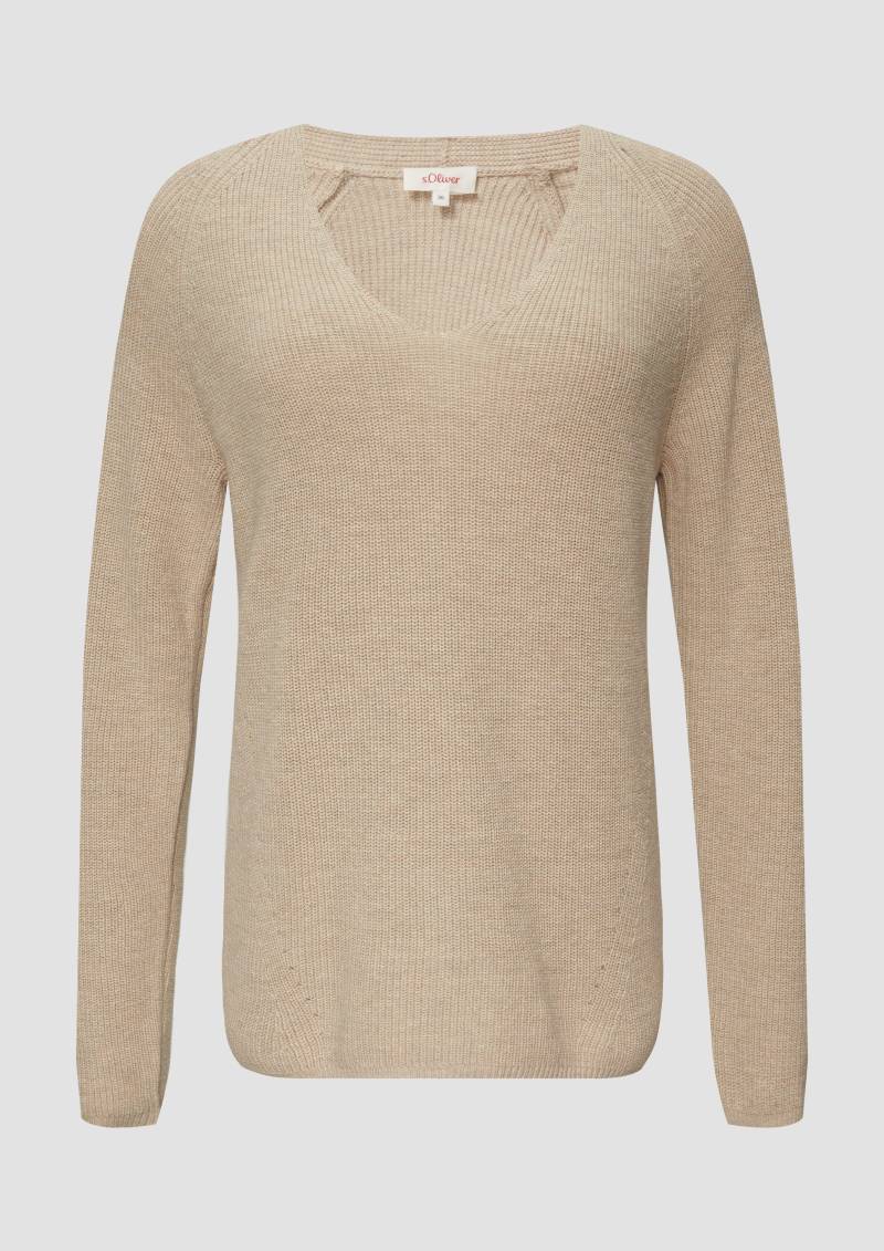 s.Oliver - Strickpullover mit V-Ausschnitt aus Baumwollmix, Damen, Beige von s.Oliver