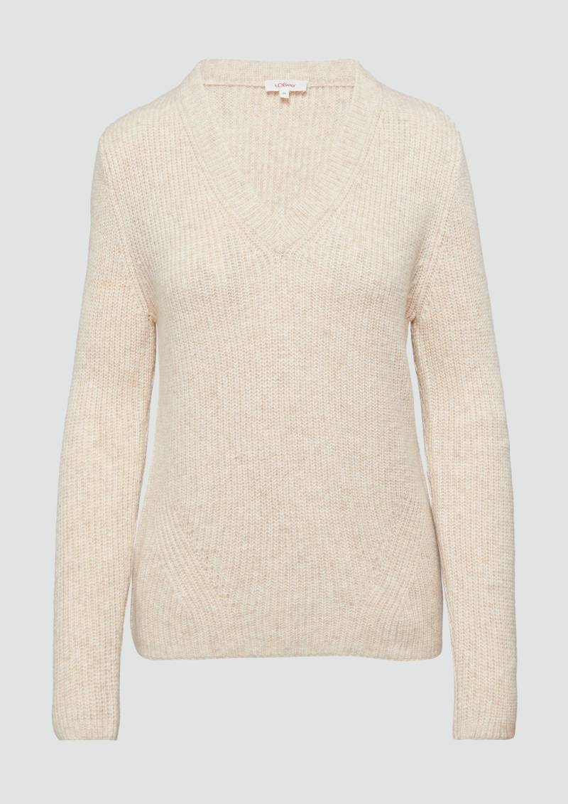 s.Oliver - Strickpullover mit V-Ausschnitt und Rippblende, Damen, Beige von s.Oliver