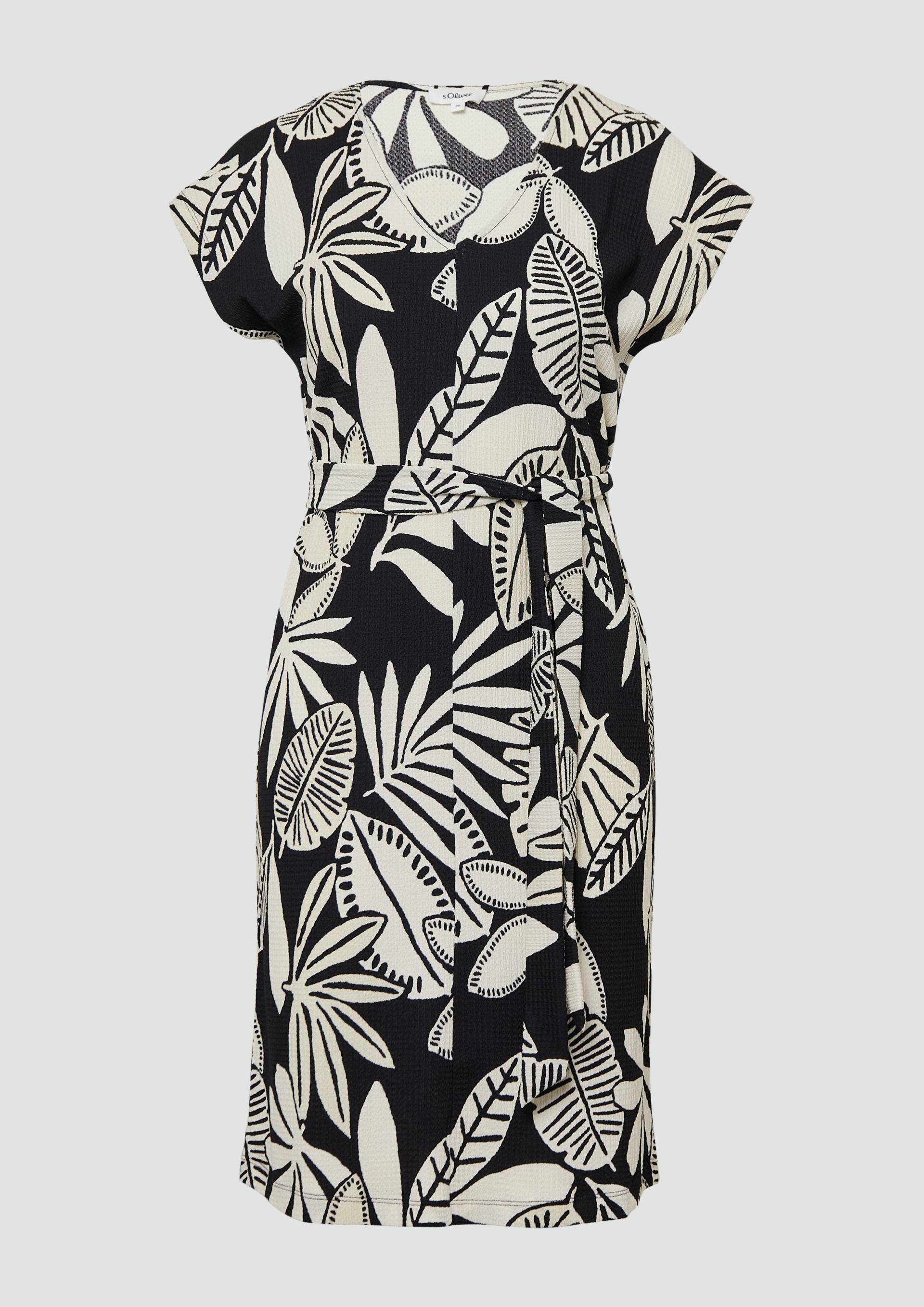 s.Oliver - Strukturiertes Jerseykleid mit All-over-Print und Gürtel, Damen, schwarz von s.Oliver