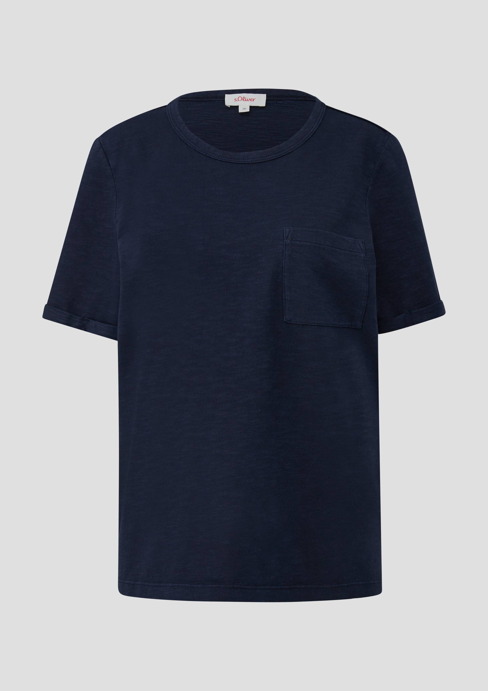 s.Oliver - Meliertes T-Shirt mit fixiertem Ärmel-Umschlag und Brusttasche, Damen, blau von s.Oliver