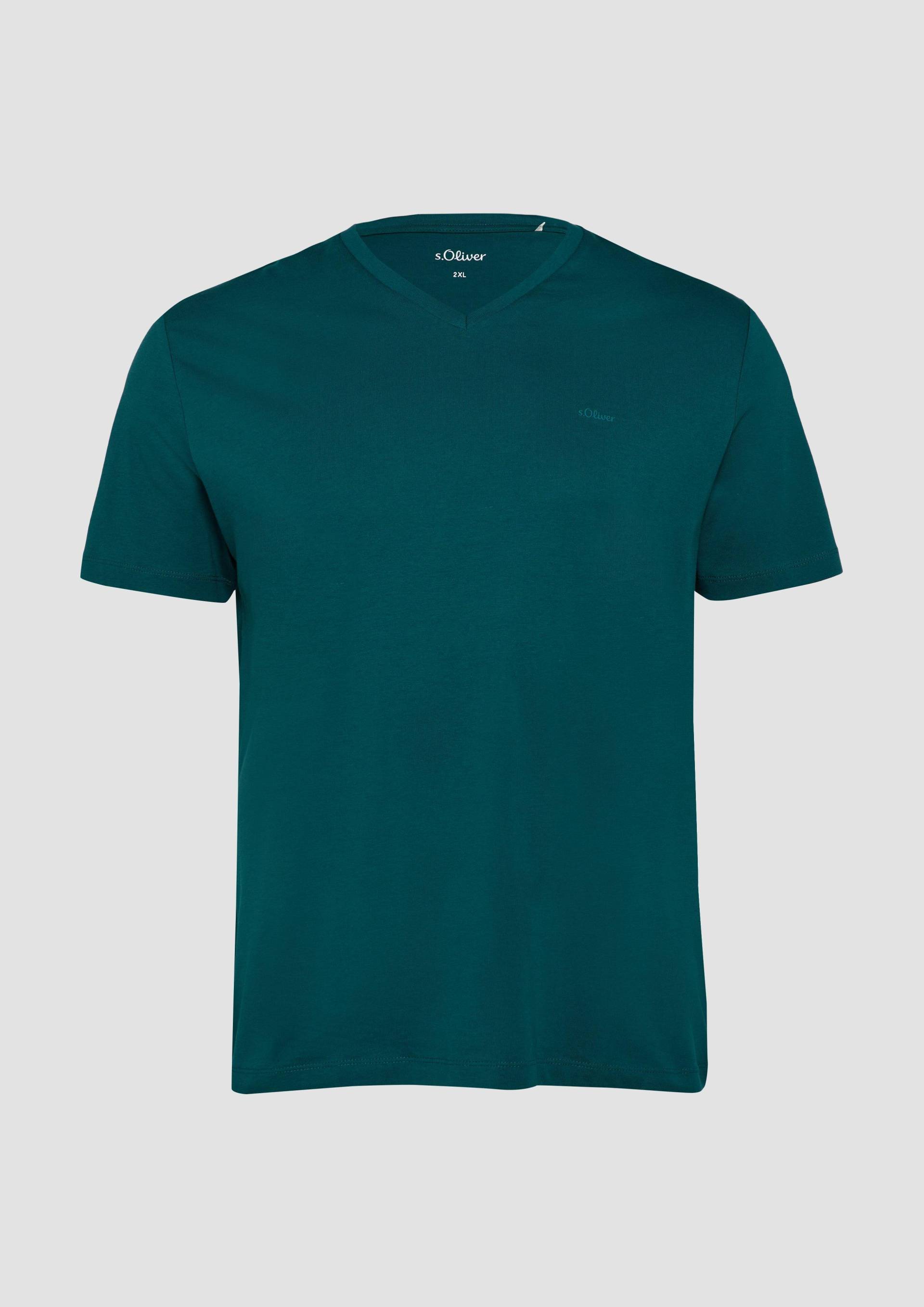 s.Oliver - T-Shirt mit V-Ausschnitt und Logo-Print, Herren, Blau von s.Oliver