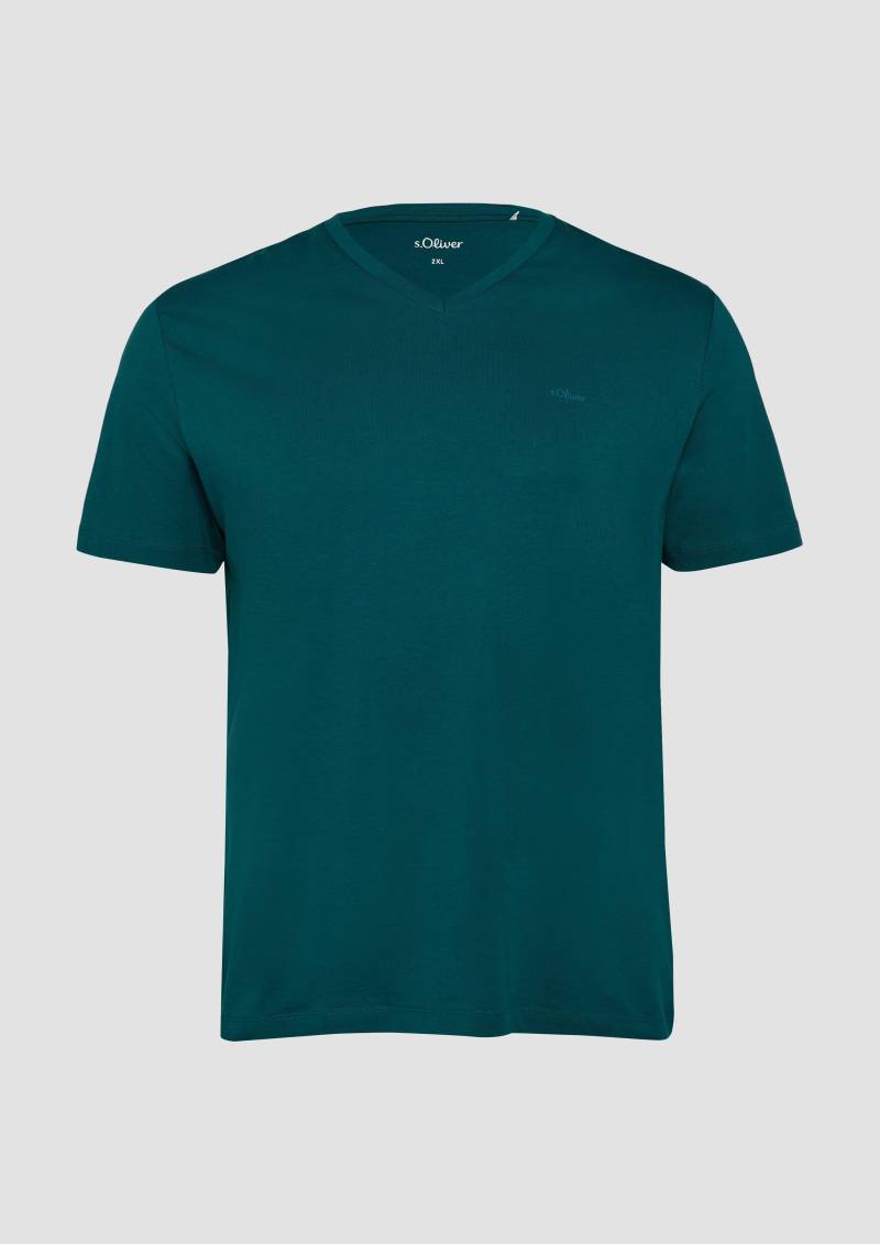 s.Oliver - T-Shirt mit V-Ausschnitt und Logo-Print, Herren, Blau von s.Oliver