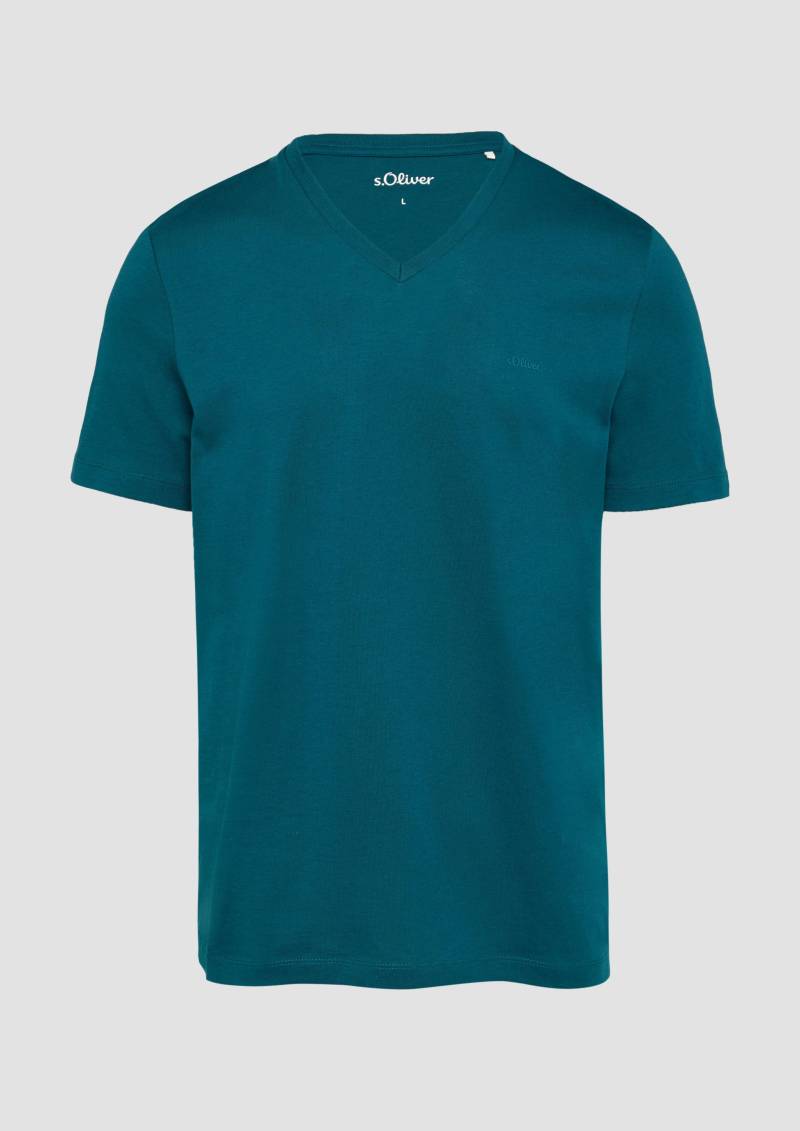s.Oliver - T-Shirt mit V-Ausschnitt und Logo-Print, Herren, Blau von s.Oliver