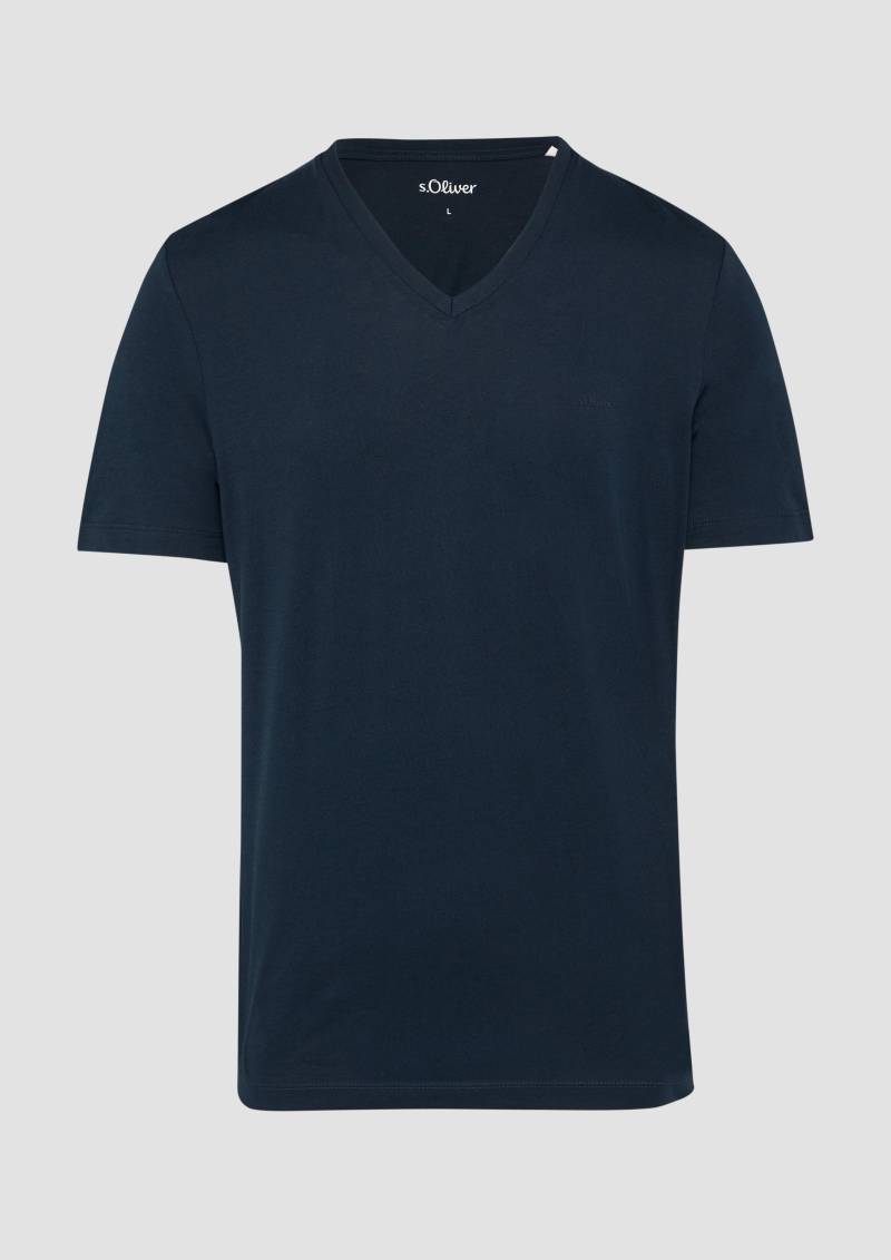 s.Oliver - T-Shirt mit V-Ausschnitt und Logo-Print, Herren, blau von s.Oliver
