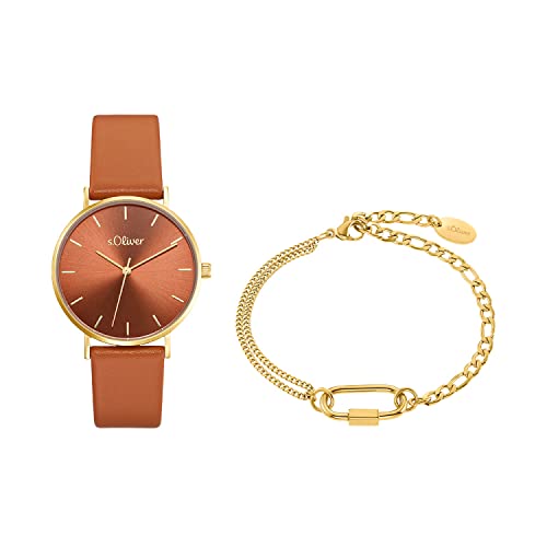 s.Oliver Armbanduhr + Armband Damen Quarzuhr Analog, mit Leder Armband, Gold, 3 bar Wasserdicht, Kommt in Uhren Geschenk Box, 2034690 von s.Oliver