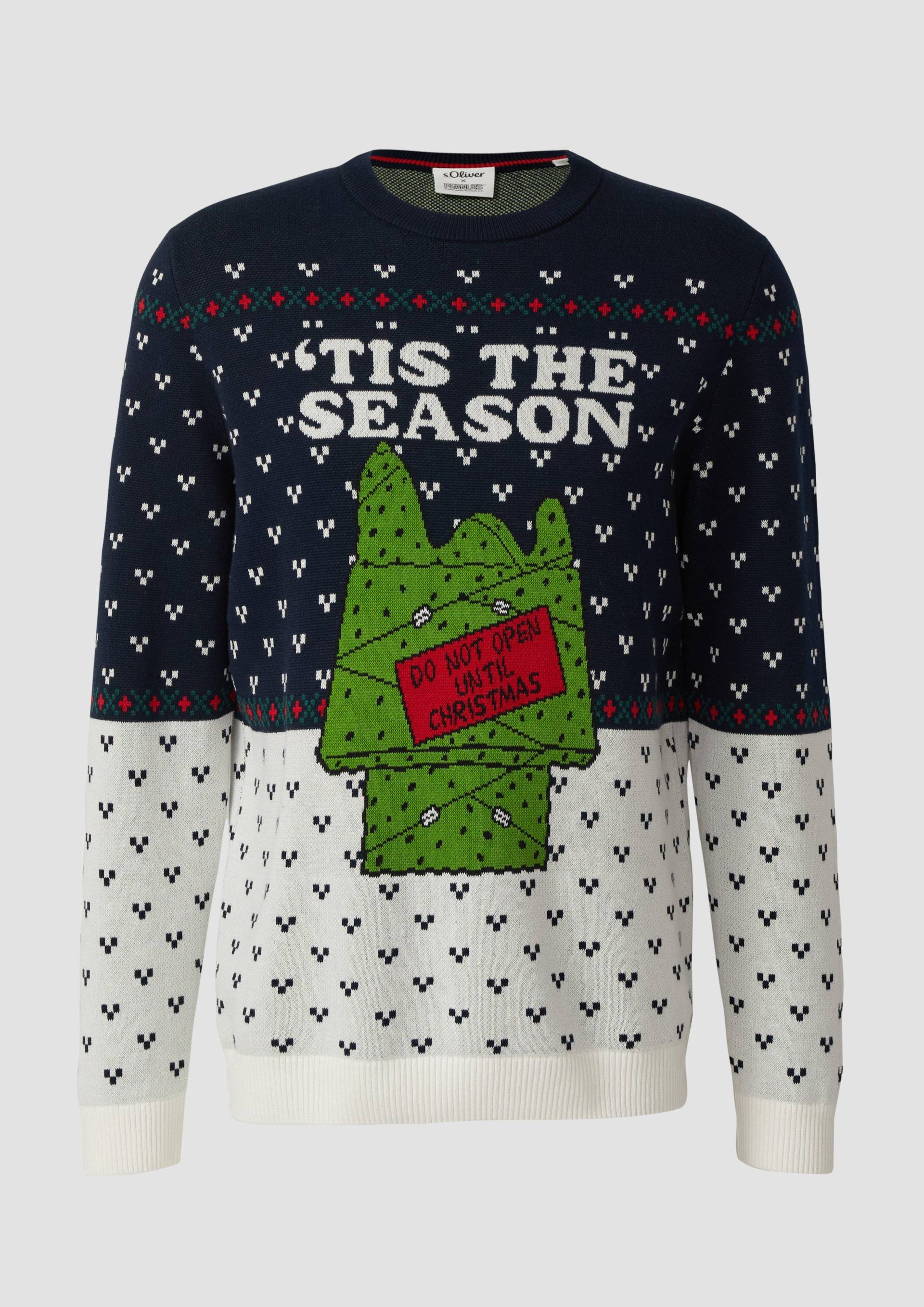 s.Oliver - Weihnachtspullover aus reiner Baumwolle mit Peanuts®-Motiv, Herren, blau|mehrfarbig von s.Oliver
