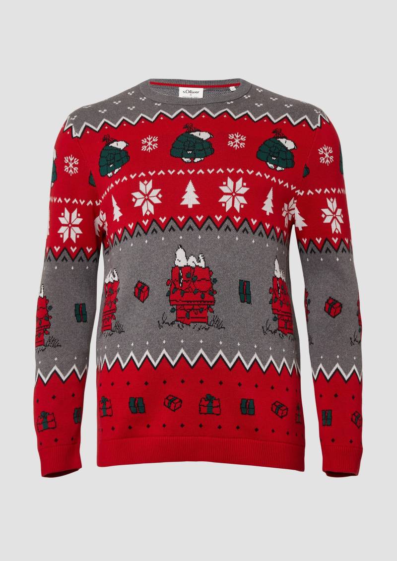 s.Oliver - Weihnachtspullover aus reiner Baumwolle mit Peanuts®-Motiv, Herren, grau|rot|mehrfarbig von s.Oliver