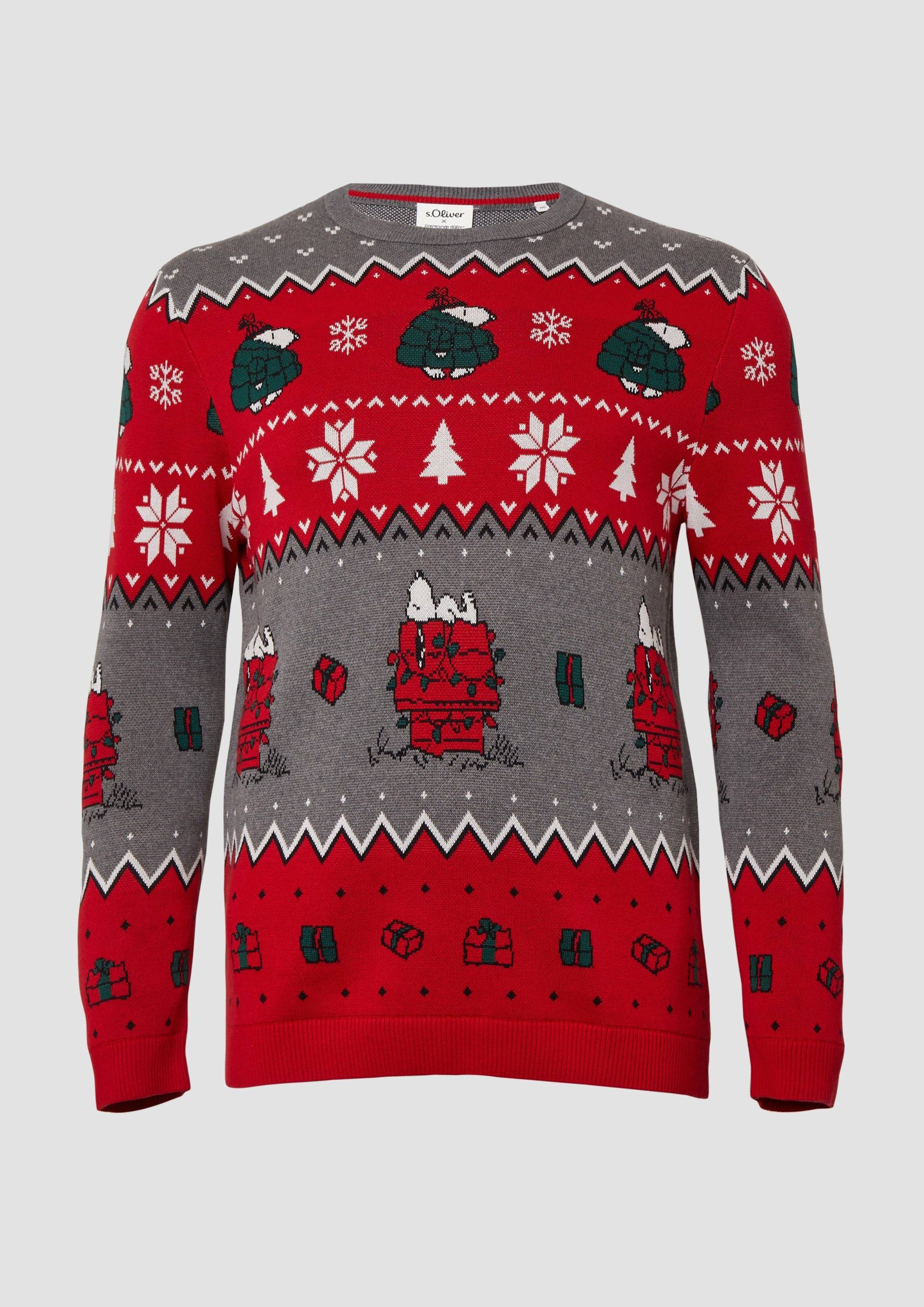 s.Oliver - Weihnachtspullover aus reiner Baumwolle mit Peanuts®-Motiv, Herren, grau|rot|mehrfarbig von s.Oliver