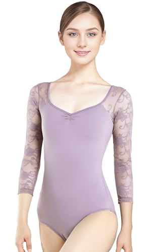 s.lemon Ballett Body Damen,Erwachsene 3/4 Ärmel Spitze Ballett Trikot D004 Lila 170 von s.lemon