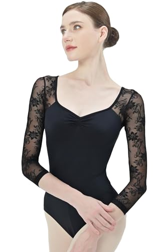 s.lemon Ballett Body Damen,Erwachsene 3/4 Ärmel Spitze Ballett Trikot D004 Schwarz 160 von s.lemon
