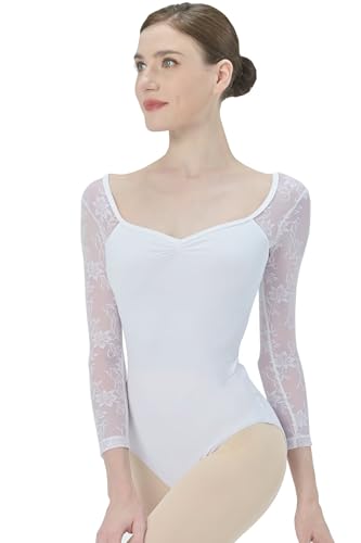 s.lemon Ballett Body Damen,Erwachsene 3/4 Ärmel Spitze Ballett Trikot D004 Weiß 160 von s.lemon
