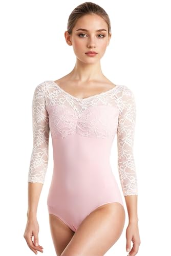 s.lemon Ballett Body Damen,Erwachsene Langarm Spitze Ballett Trikot D042 Rosa 165 von s.lemon