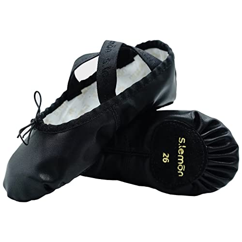 s.lemon Ballettschuhe,Leder Ballettschläppchen Geteilte Sohle Tanz Ballet Shoes Gymnastikschuhe für Mädchen Schwarz 34 von s.lemon